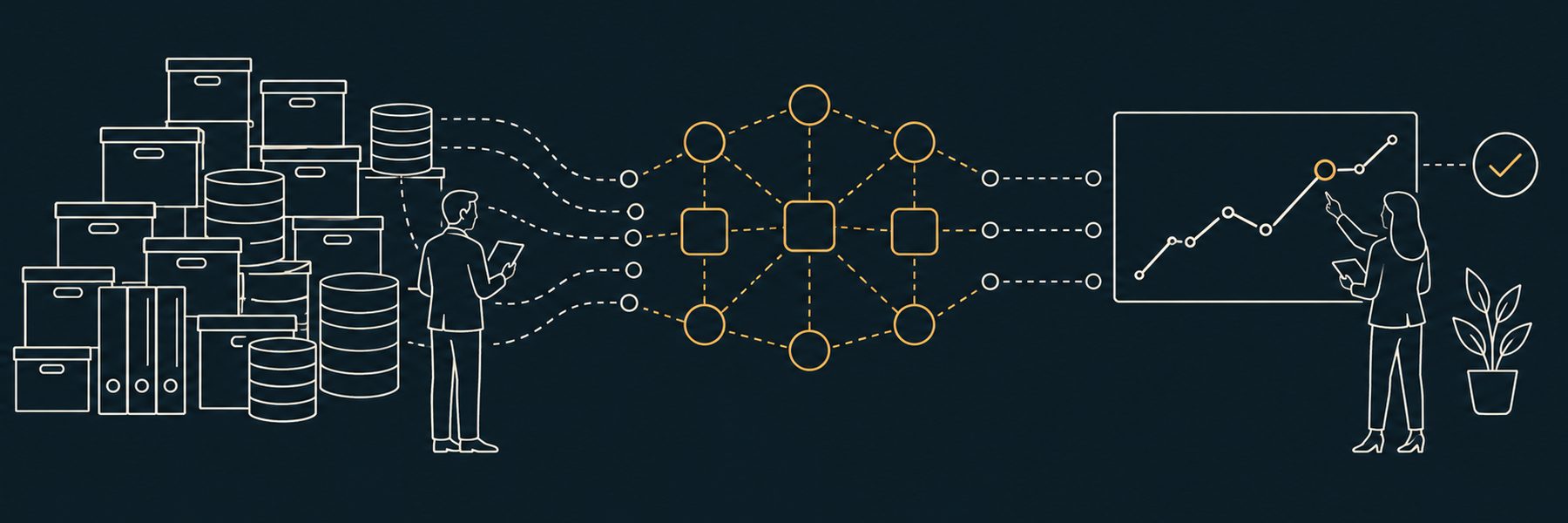 Illustration: years of archived records flowing through a network of AI nodes into a clear, actionable insight.